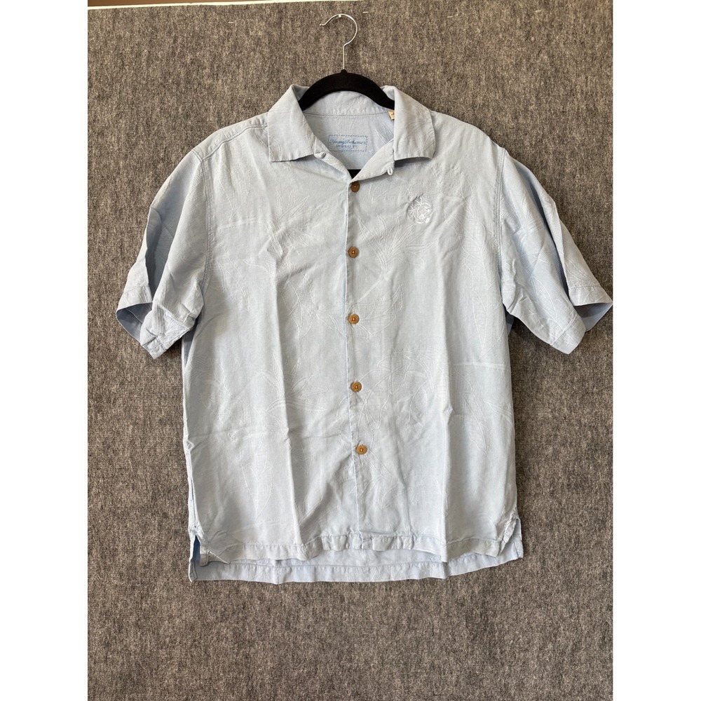 Tommy Bahama Mens Small Original Fit 100% Silk Light Blue Jacquard Camp Shirt